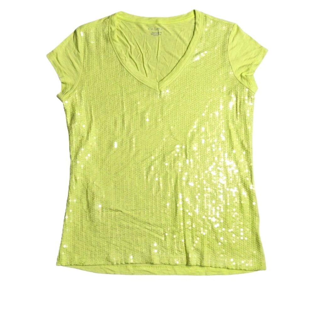 Calvin Klein Collection Yellow Sequin V-Neck Short Sleeve Top Women’s L Rayon